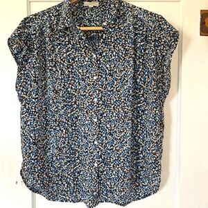 LOFT Button Up Women's Blouse Blue Brown White Speckled Cap Sleeve Size Large